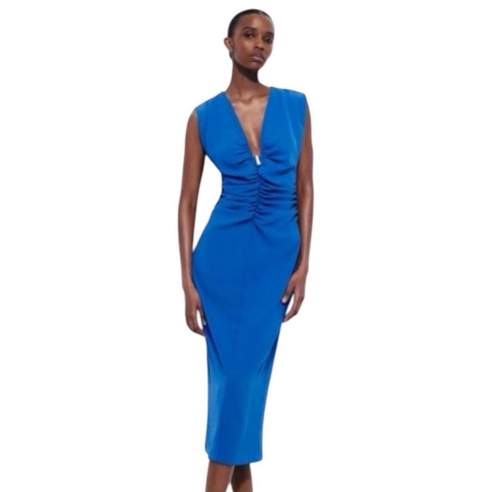 Zara Royal Blue V-Neck Ruched Midi Dress